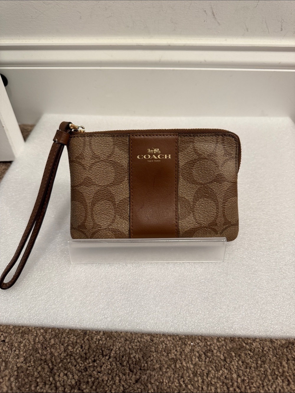 Coach Brown Signature Canvas Wristlet wallet with Leather Trim
